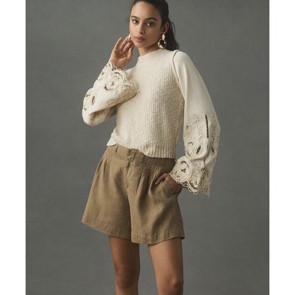 Anthropologie Textured Eyelet Twofer Sweater Vest Top Embroidered Beige Sz M - Picture 16 of 16